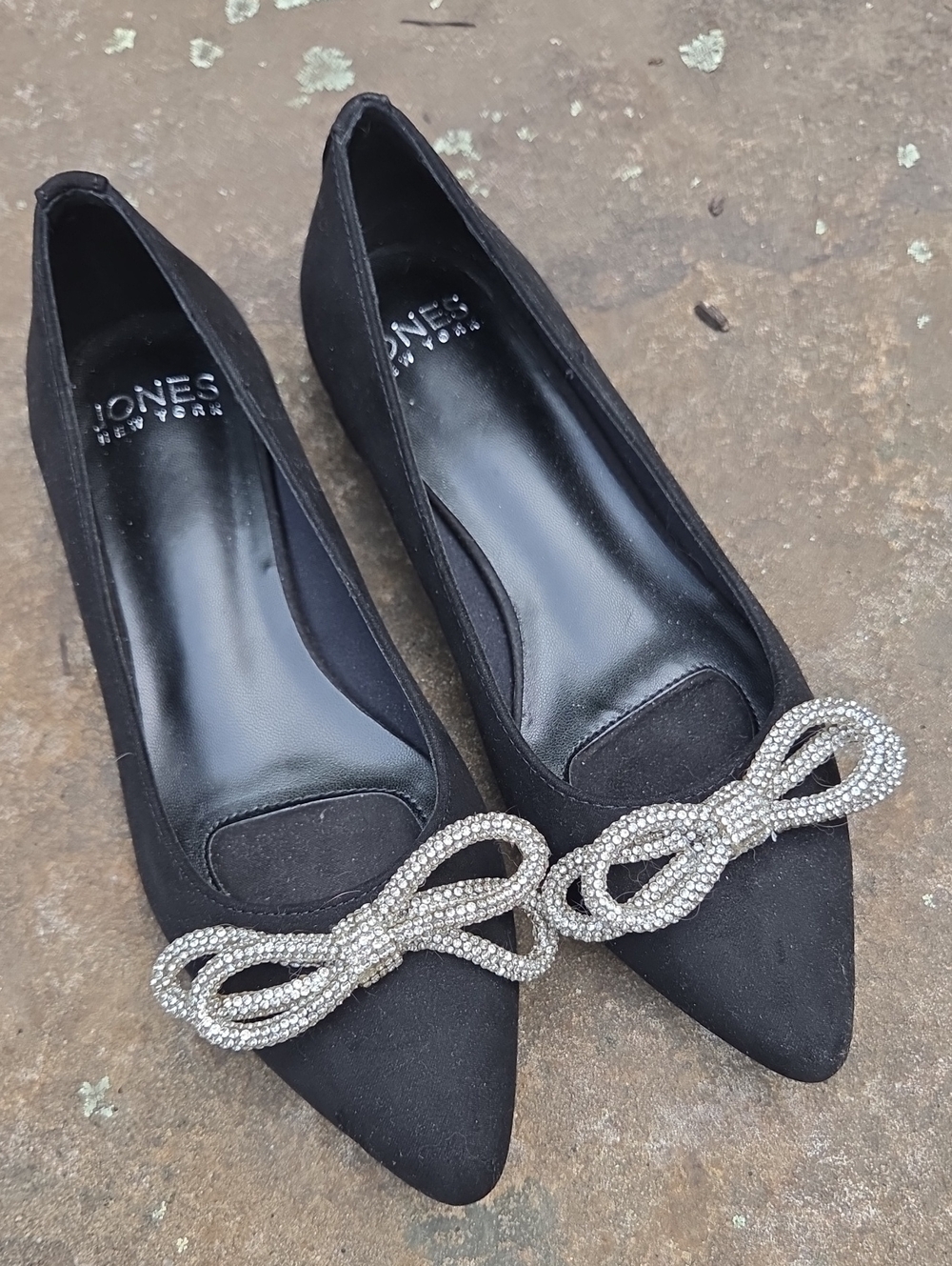 Jones New York Black Pointed Flats with Crystal Bow Accent
